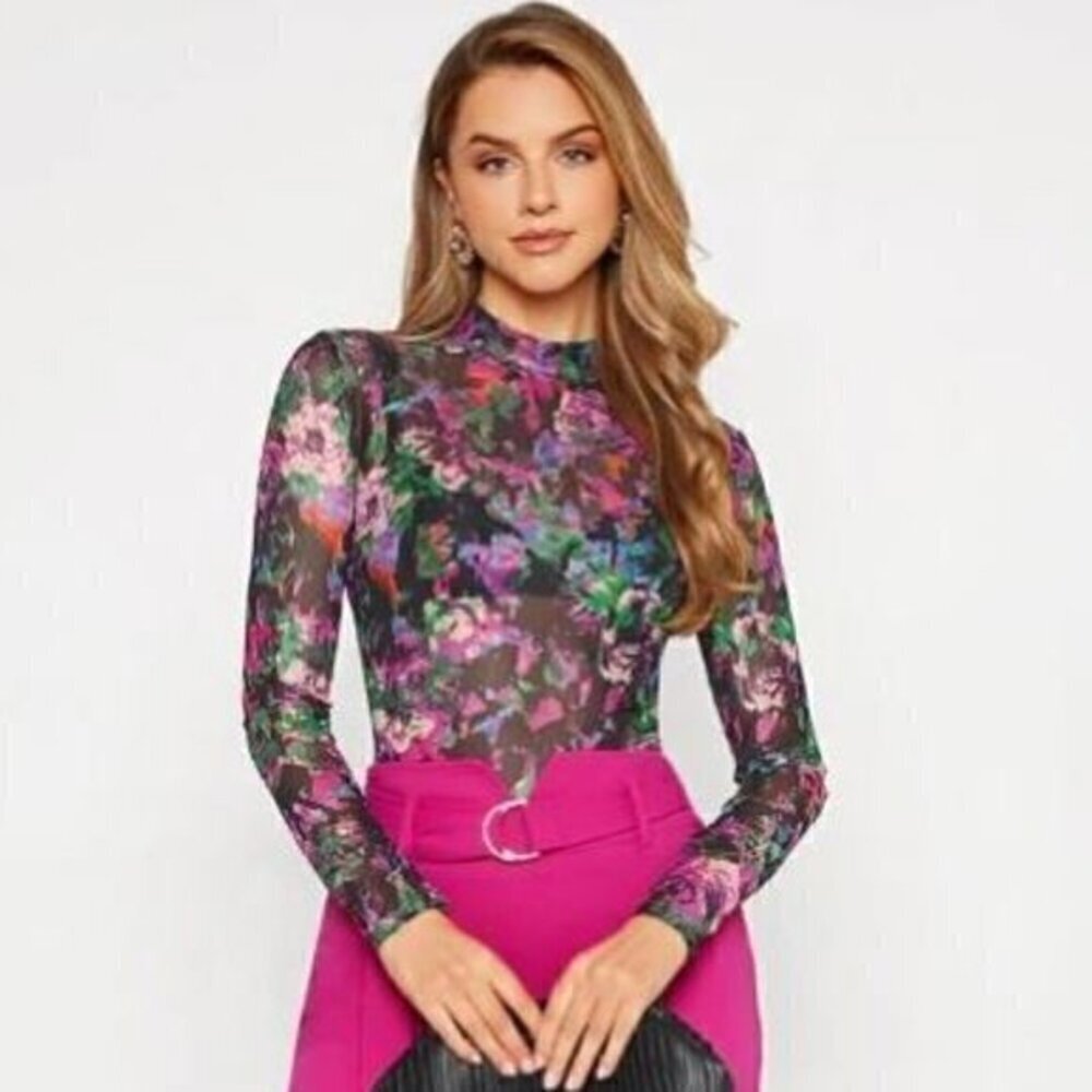 SHEIN BIZwear Floral Print Mock Neck Mesh Top Without Bra womens size medium